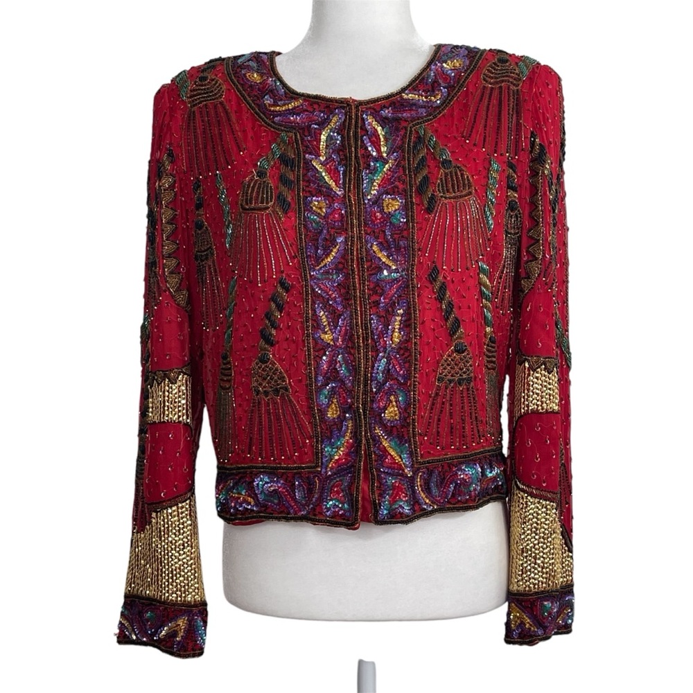 Vintage Laurence Kazar Red Silk Tassel Print Beaded Cropped Jacket Party Shiny
